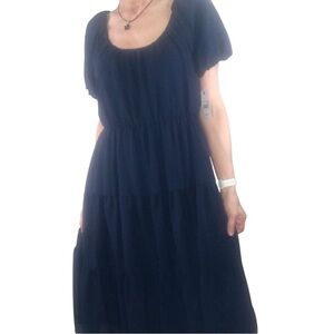 Ophelia Roe Dress Sz M NEW Navy Blue Tiered Gauzy Prairie Feminine Midi Casual